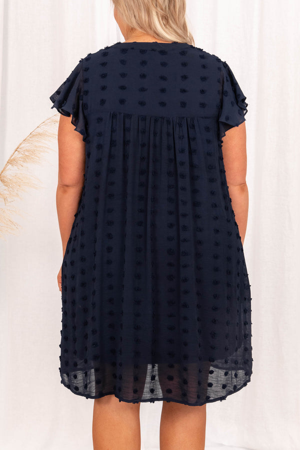 dresses, babydoll dress, navy, polka dot, flutter sleeve, blue, solid