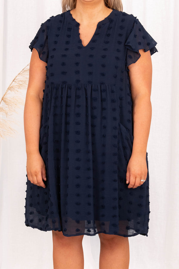 dresses, babydoll dress, navy, polka dot, flutter sleeve, blue, solid