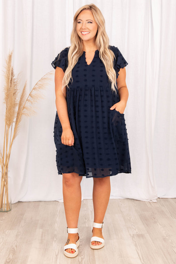 dresses, babydoll dress, navy, polka dot, flutter sleeve, blue, solid