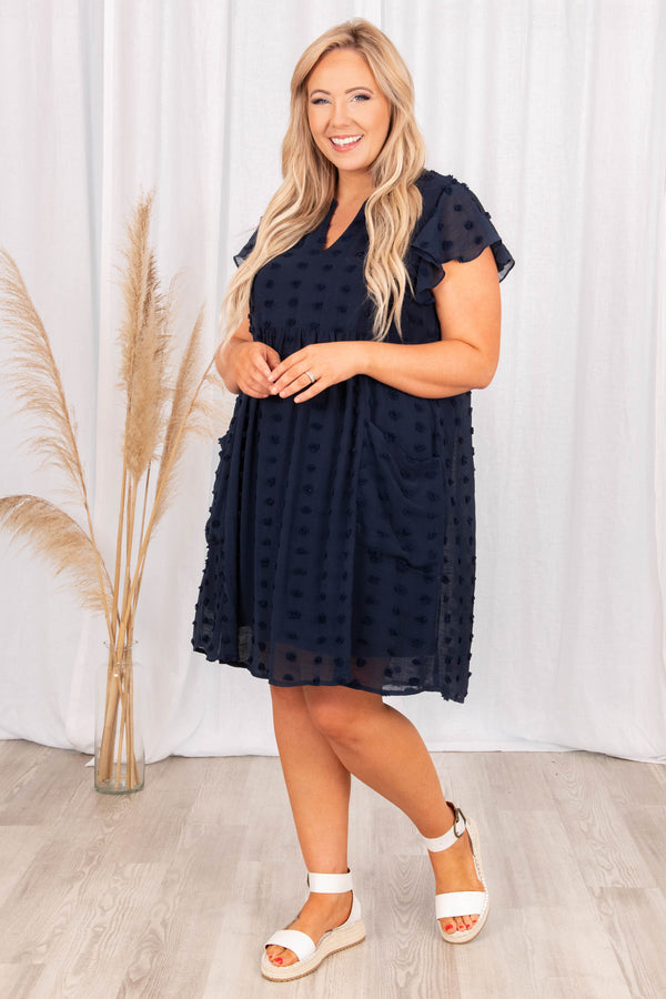 dresses, babydoll dress, navy, polka dot, flutter sleeve, blue, solid