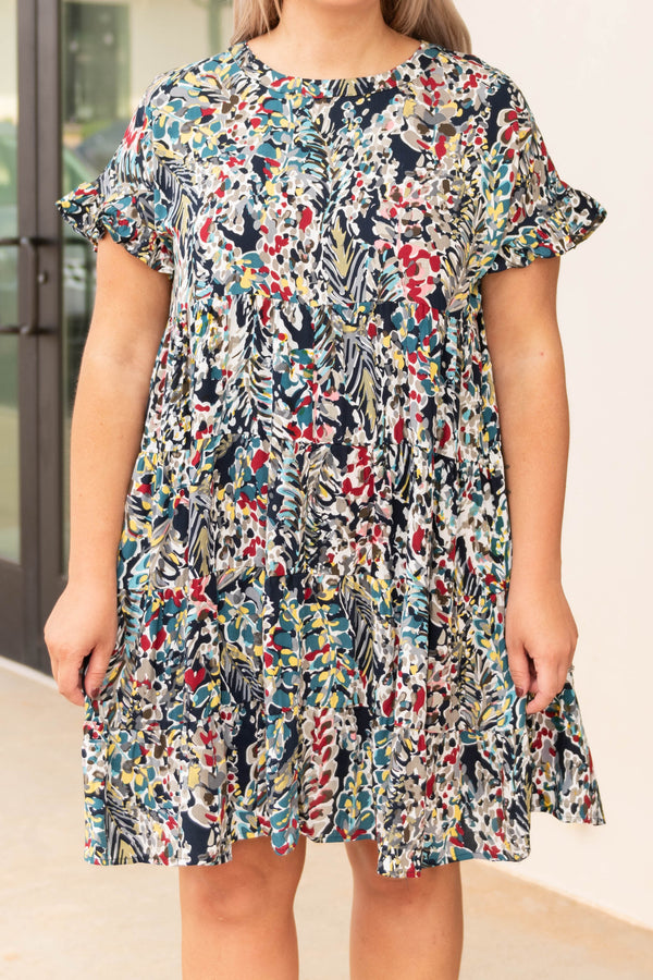 dresses, casual, navy multicolor, short flutter sleeve, floral, comfy, flowy