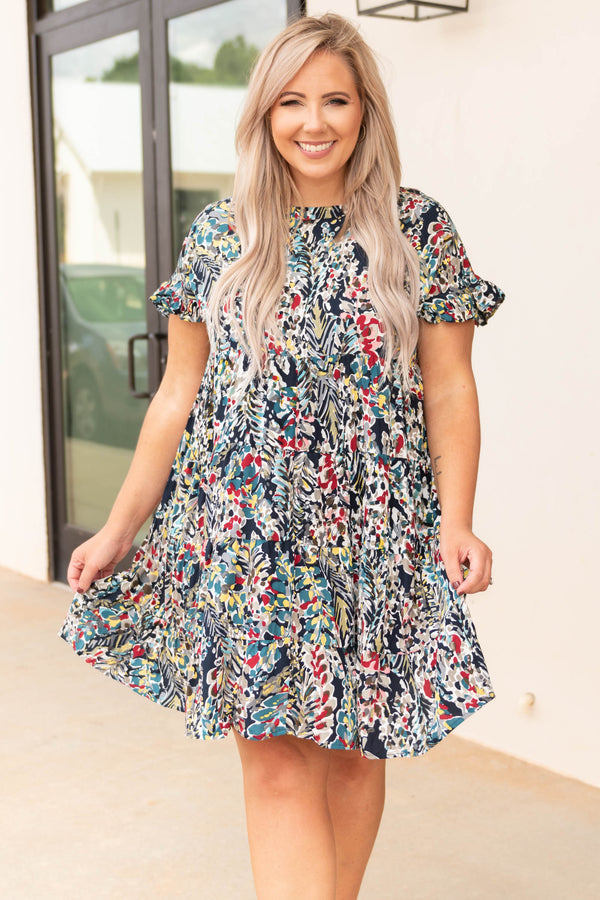 dresses, casual, navy multicolor, short flutter sleeve, floral, comfy, flowy