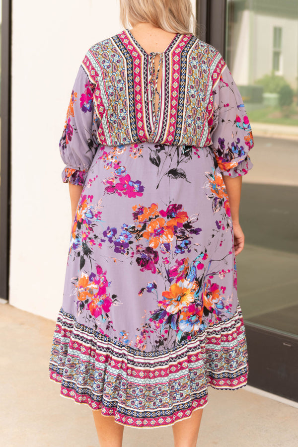 dresses, casual, babydoll, purple multicolor, half bubble sleeve, v neck, high low hem