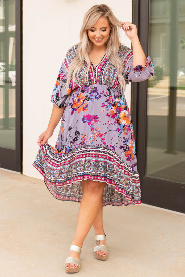 dresses, casual, babydoll, purple multicolor, half bubble sleeve, v neck, high low hem