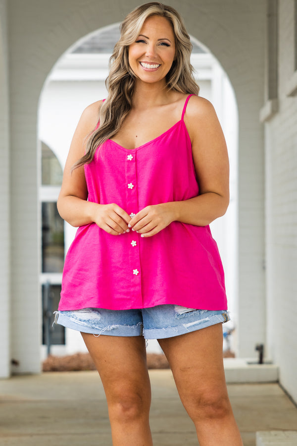 Chic Soul plus size clothing, fuchsia flowy tank with flower shaped buttons