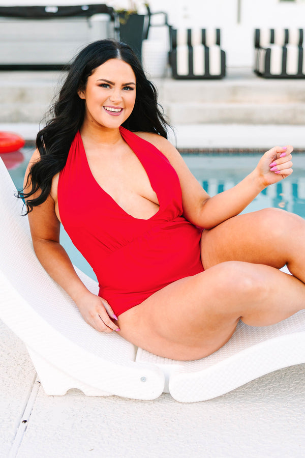 Chic Soul plus size clothing, red halter one piece swimsuit
