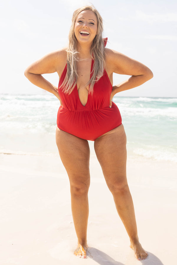 Chic Soul plus size clothing, red halter one piece swimsuit