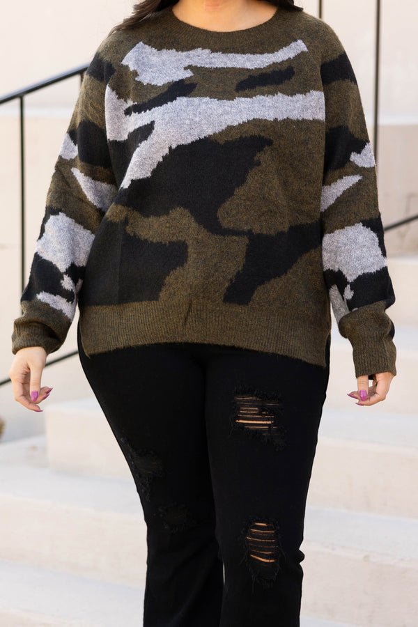 Chic Soul plus size clothing, olive sweater with camo print