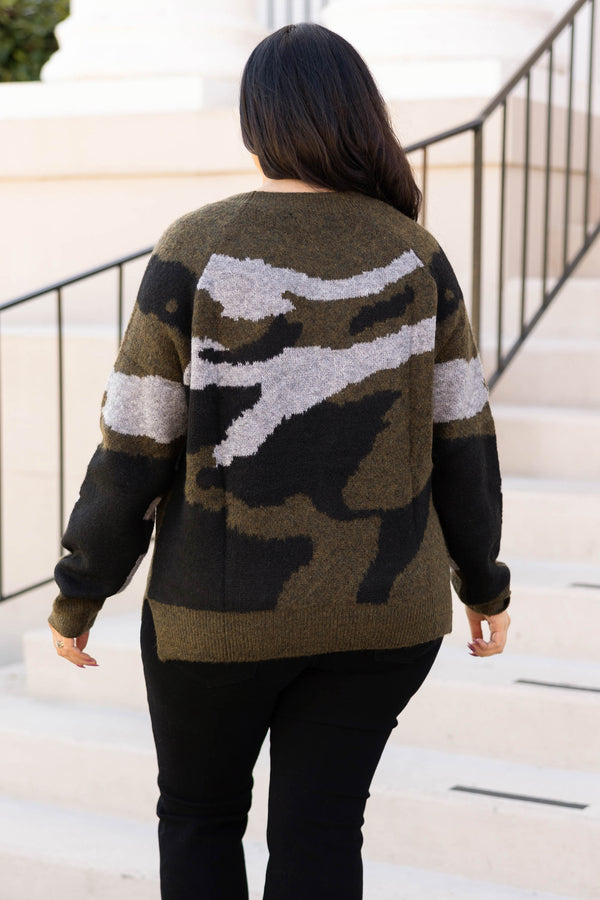 Chic Soul plus size clothing, olive sweater with camo print