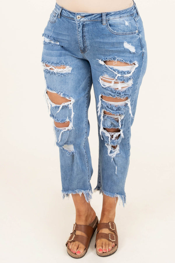Chic Soul plus size clothing, medium wash high waisted distressed ankle length girlfriend jeans