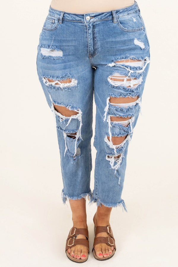 Chic Soul plus size clothing, medium wash high waisted distressed ankle length girlfriend jeans