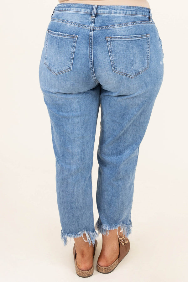Chic Soul plus size clothing, medium wash high waisted distressed ankle length girlfriend jeans