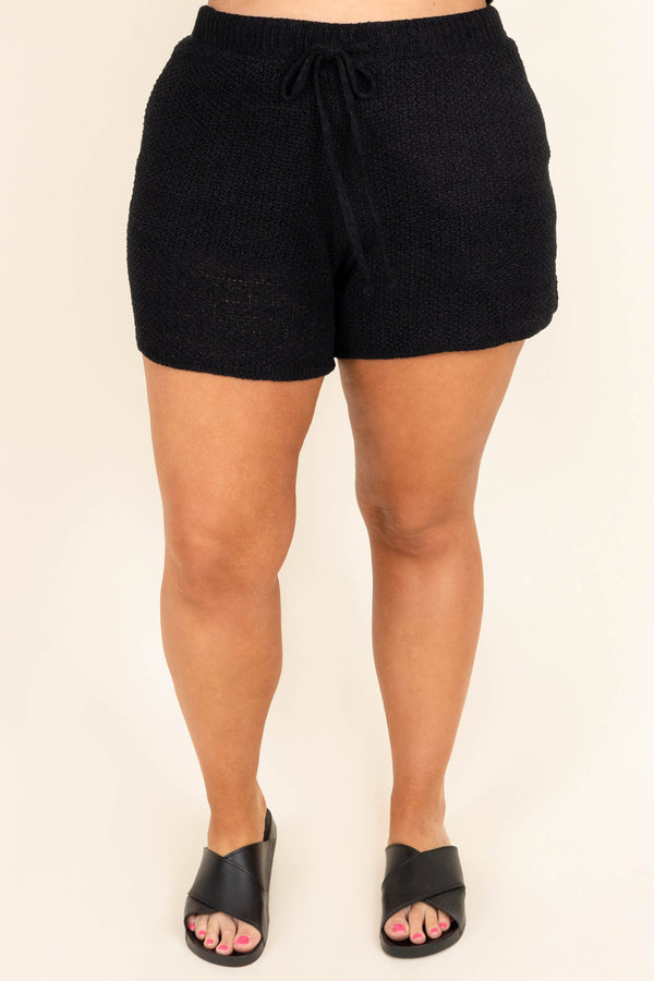 Chic Soul plus size clothing, black knitted lounge shorts with tie waistband  