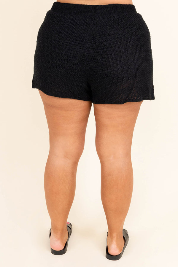 Chic Soul plus size clothing, black knitted lounge shorts with tie waistband