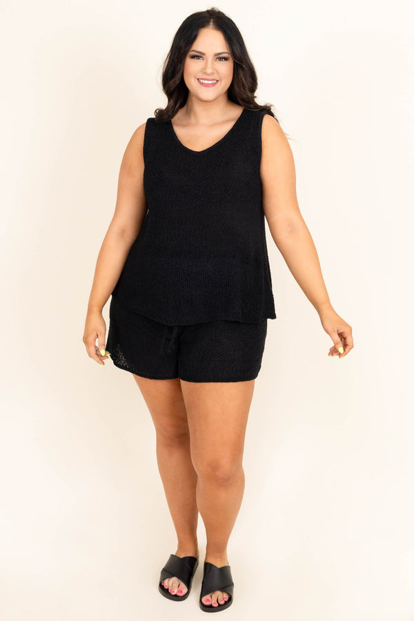 Chic Soul plus size clothing, black knitted lounge shorts with tie waistband