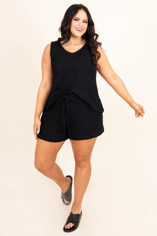 Chic Soul plus size clothing, black knitted lounge shorts with tie waistband
