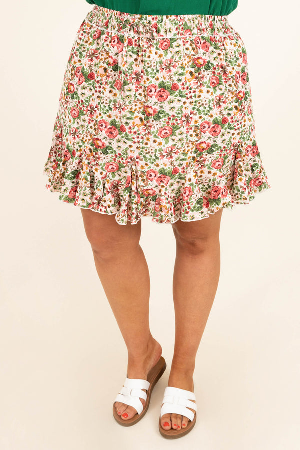 Chic Soul plus size clothing, white green red floral ruffle bottom elastic waist skirt