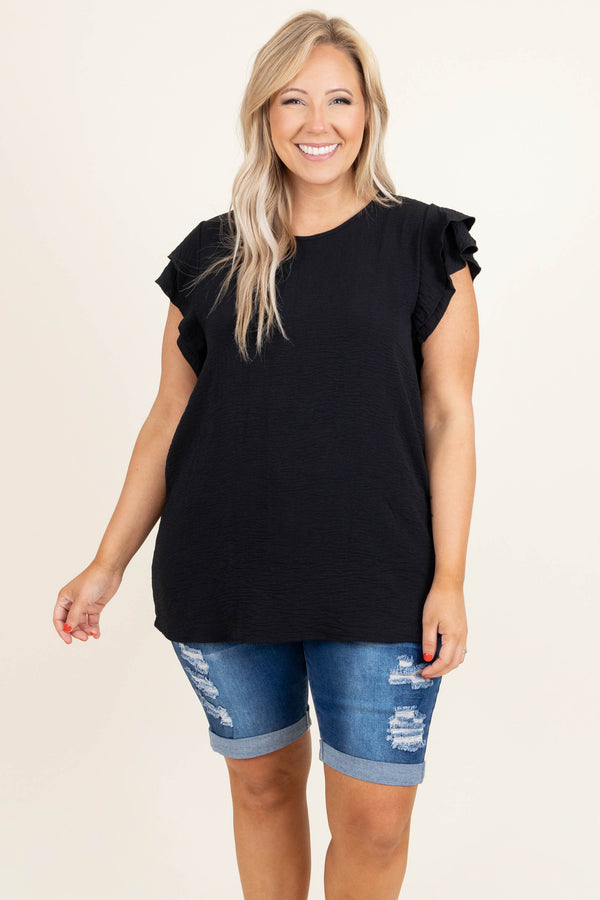 Chic Soul plus size clothing, black scoop neck short ruffle sleeve casual top