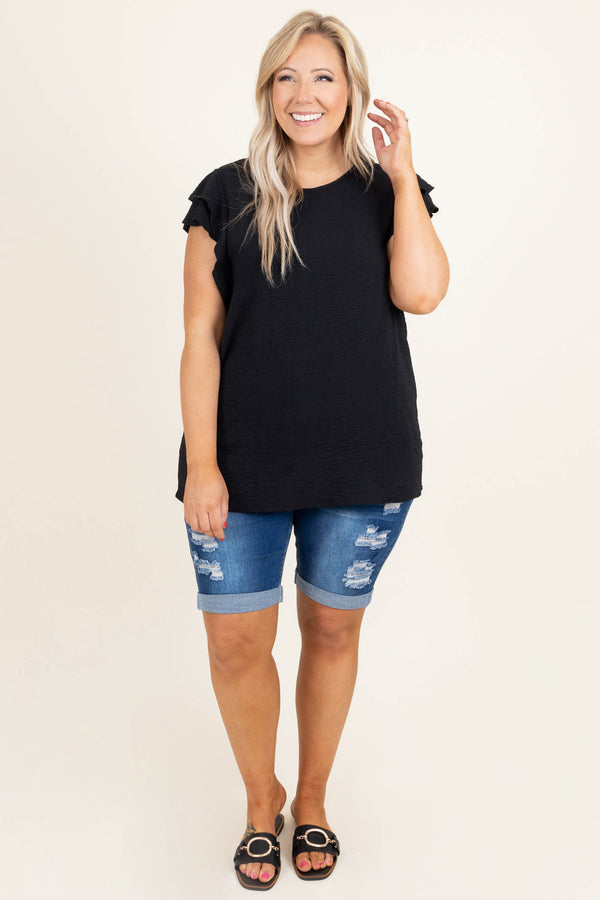 Chic Soul plus size clothing, black scoop neck short ruffle sleeve casual top