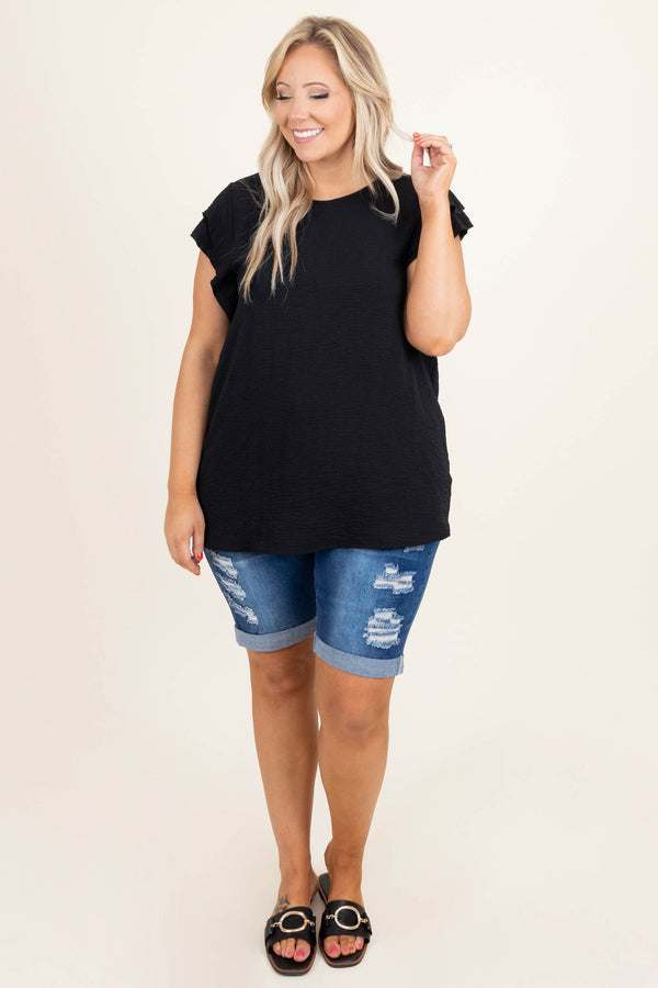 Chic Soul plus size clothing, black scoop neck short ruffle sleeve casual top