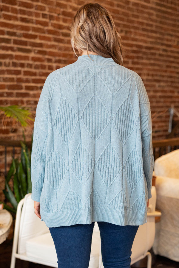 Chic Soul plus size clothing, light blue knit sweater with a slight turtleneck