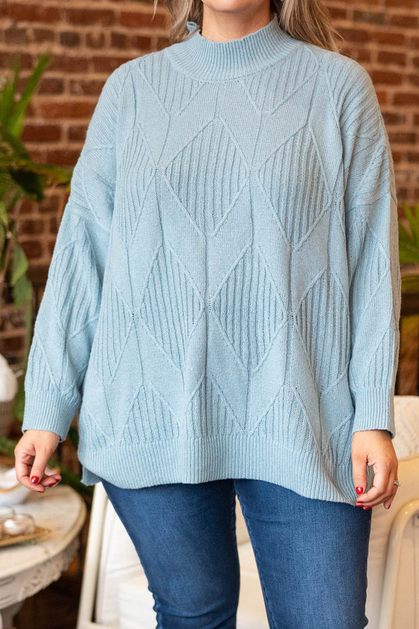 Chic Soul plus size clothing, light blue knit sweater with a slight turtleneck