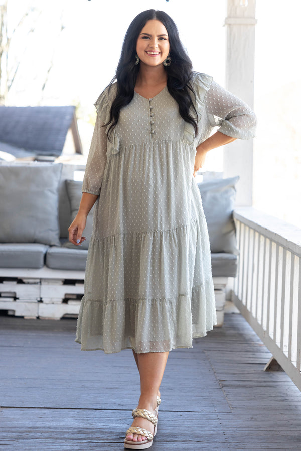 Chic Soul plus size clothing, sage swiss dotted midi dress with ruffles