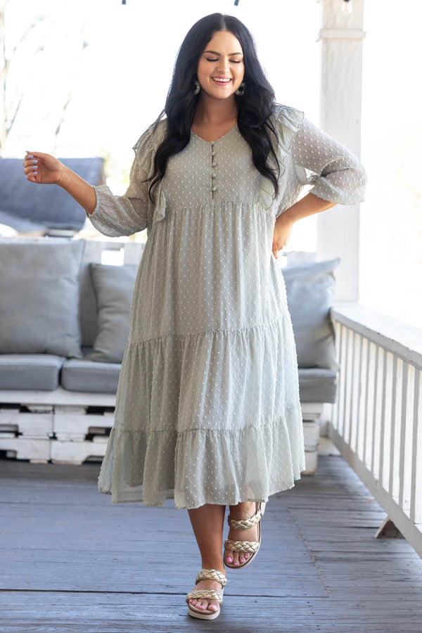 Chic Soul plus size clothing, sage swiss dotted midi dress with ruffles