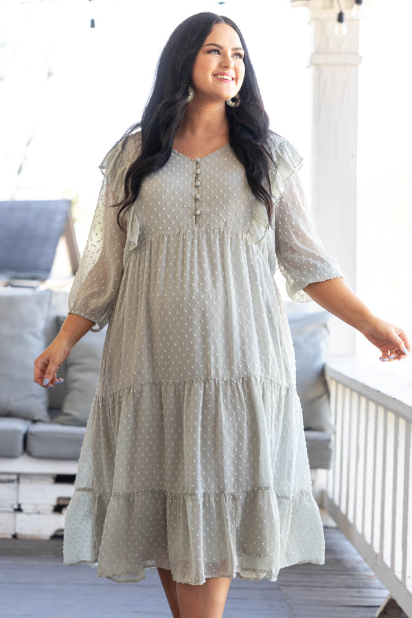 Chic Soul plus size clothing, sage swiss dotted midi dress with ruffles