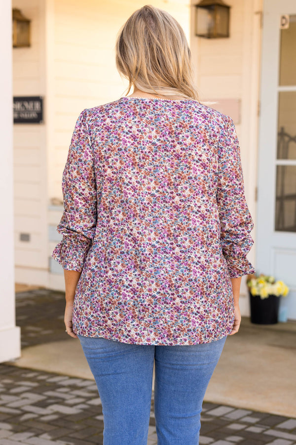 Chic Soul plus size clothing, cream pink purple floral v neck long bubble sleeve top