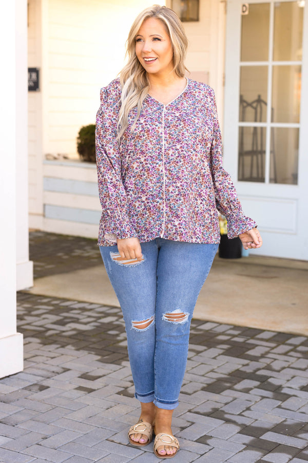 Chic Soul plus size clothing, cream pink purple floral v neck long bubble sleeve top