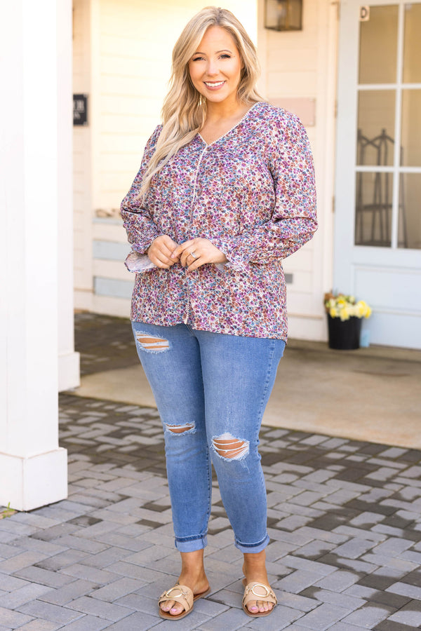 Chic Soul plus size clothing, cream pink purple floral v neck long bubble sleeve top