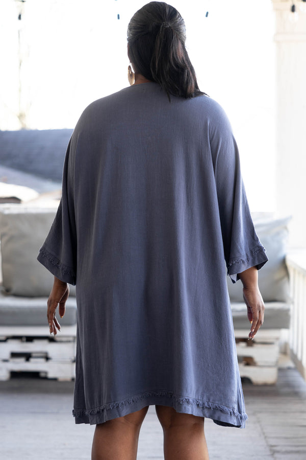 Chic Soul plus size clothing, denim blue dress with frayed detailing on hemline and sleeves