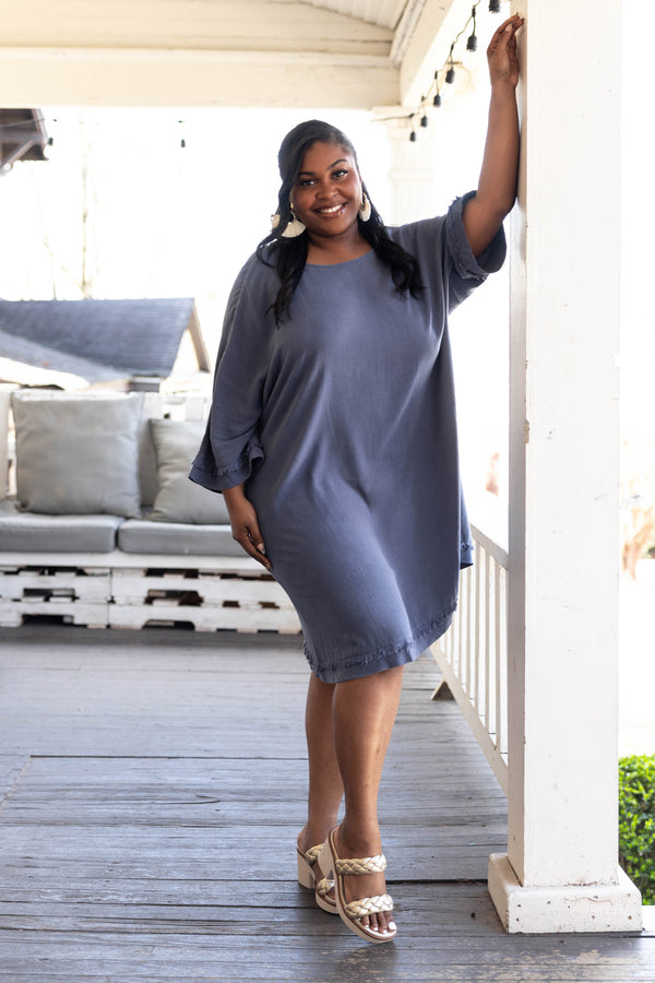 Chic Soul plus size clothing, denim blue dress with frayed detailing on hemline and sleeves