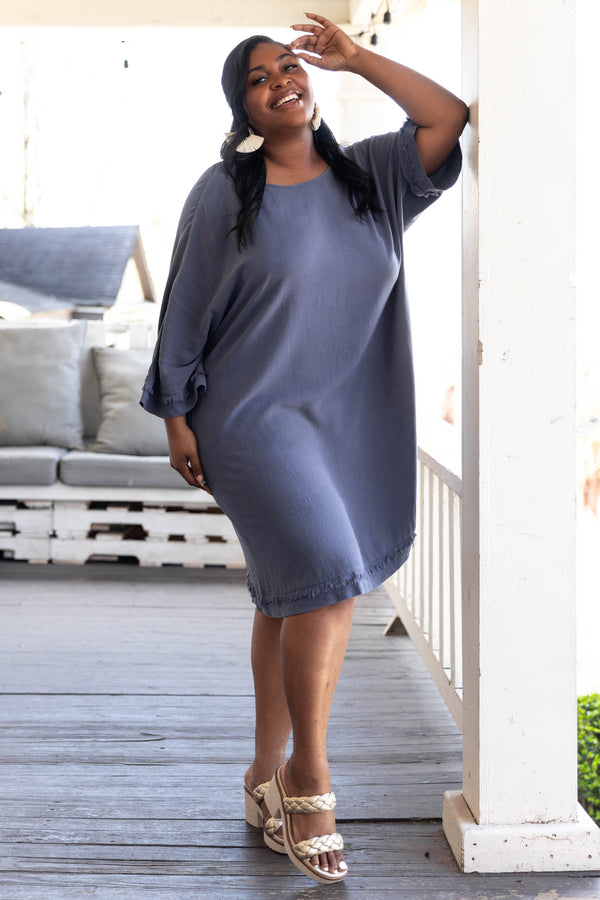 Chic Soul plus size clothing, denim blue dress with frayed detailing on hemline and sleeves