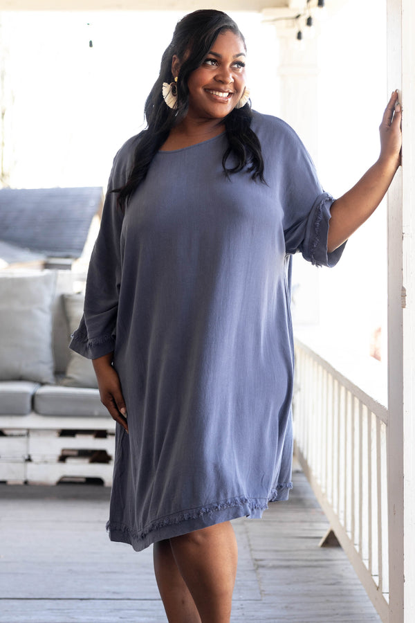 Chic Soul plus size clothing, denim blue dress with frayed detailing on hemline and sleeves