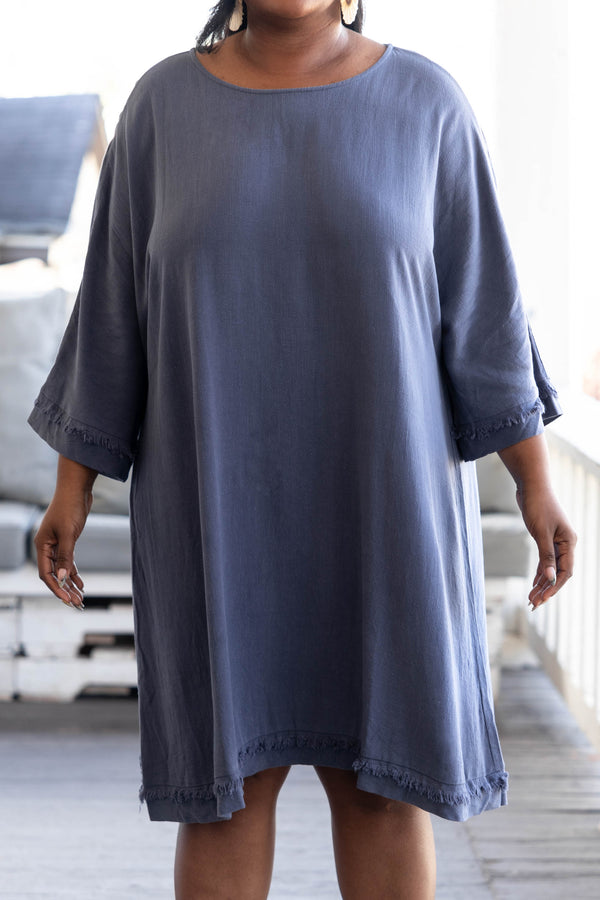 Chic Soul plus size clothing, denim blue dress with frayed detailing on hemline and sleeves