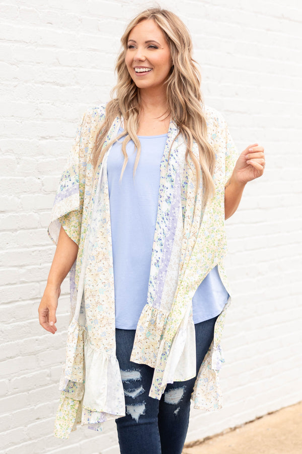 Chic Soul plus size clothing, taupe floral pattern kimono with ruffle hemline