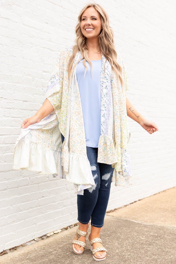 Chic Soul plus size clothing, taupe floral pattern kimono with ruffle hemline