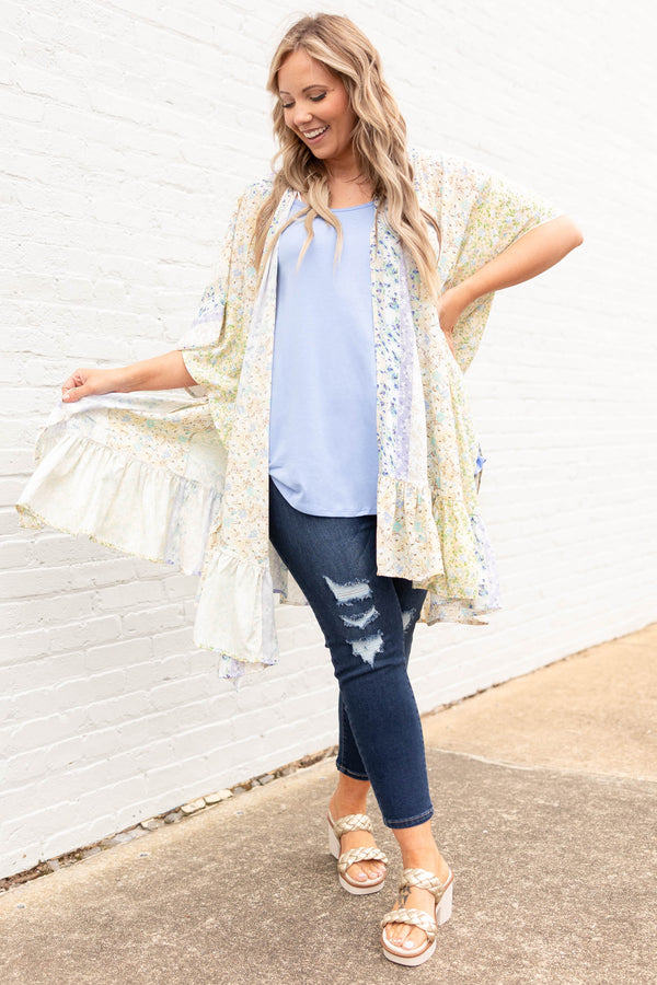 Chic Soul plus size clothing, taupe floral pattern kimono with ruffle hemline