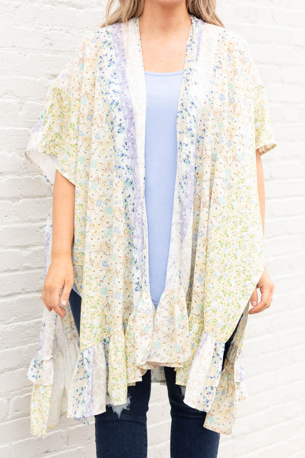 Chic Soul plus size clothing, taupe floral pattern kimono with ruffle hemline