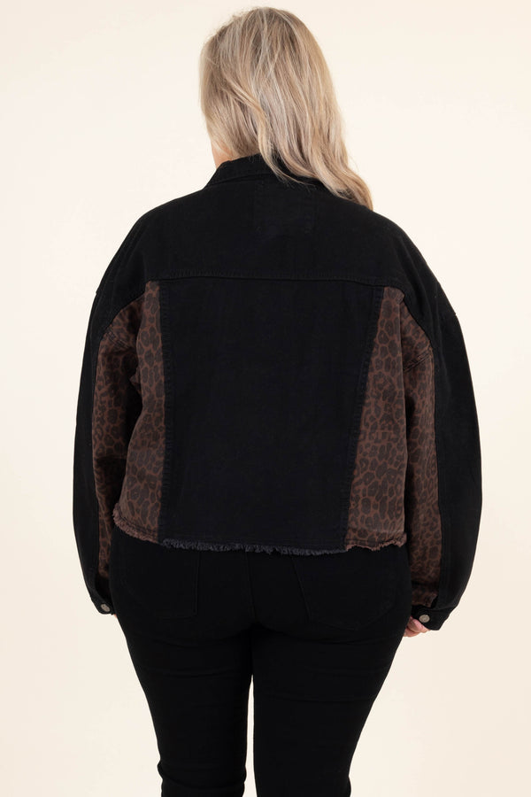 Chic Soul plus size clothing, black cropped denim jacket with leopard patterned