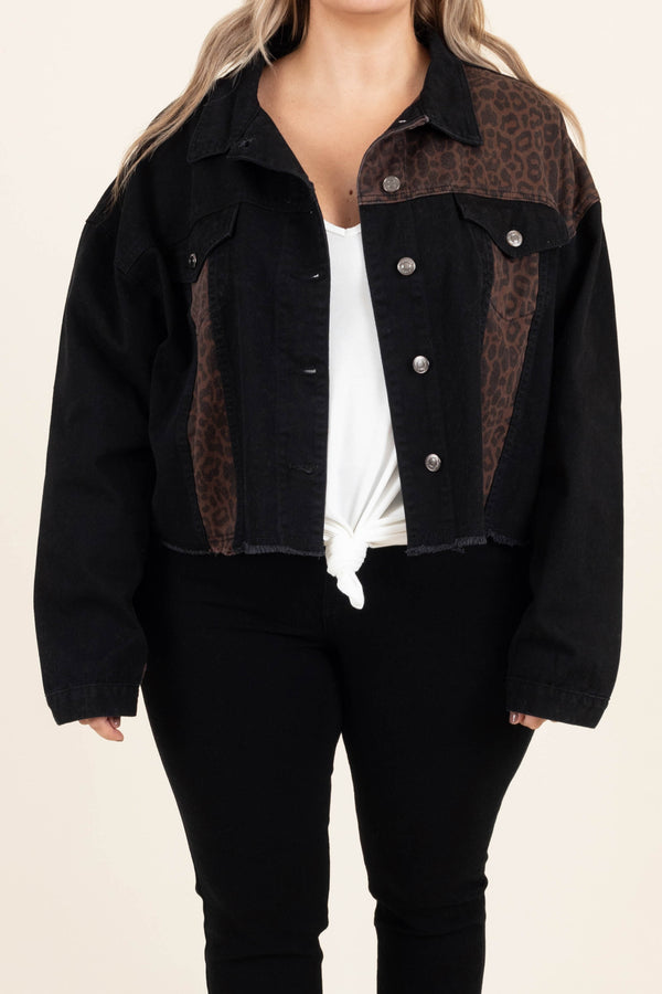 Chic Soul plus size clothing, black cropped denim jacket with leopard patterned