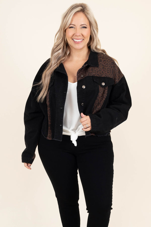 Chic Soul plus size clothing, black cropped denim jacket with leopard patterned 