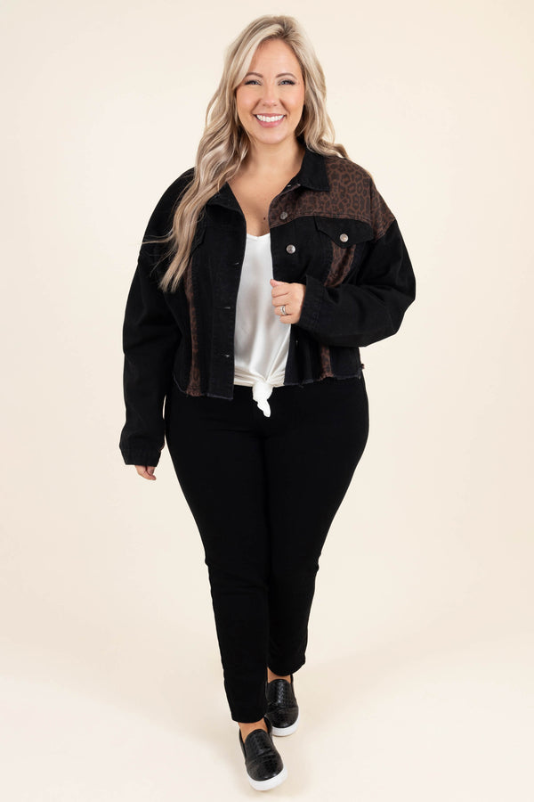 Chic Soul plus size clothing, black cropped denim jacket with leopard patterned