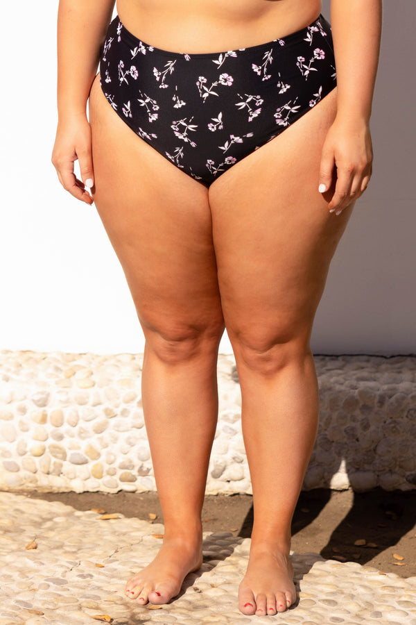 Chic Soul plus size clothing, black floral high waisted swim bikini bottoms
