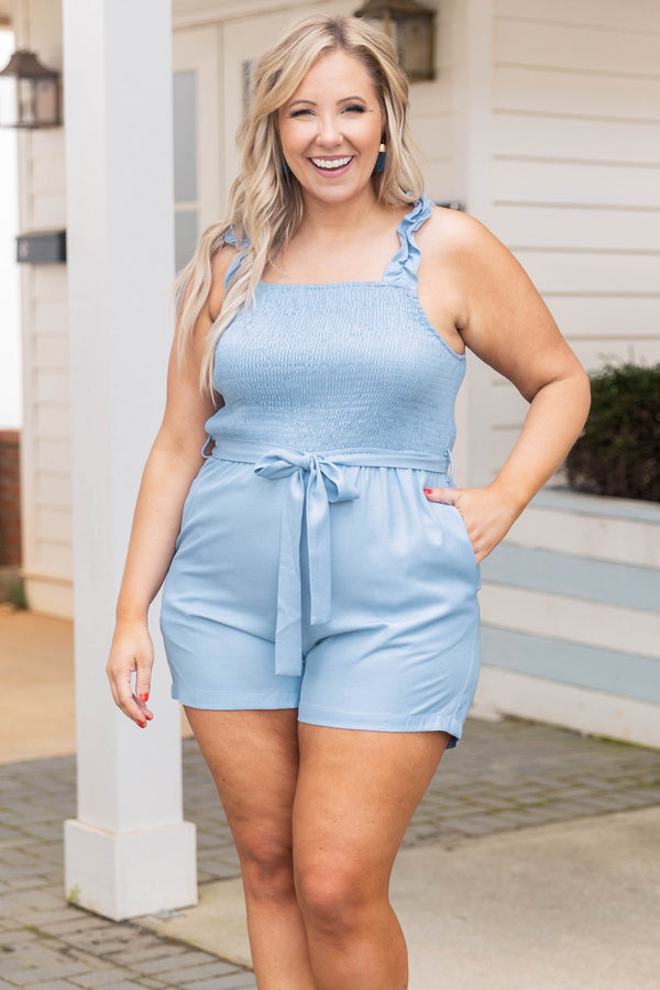 Chic Soul plus size clothing, solid blue sleeveless romper 