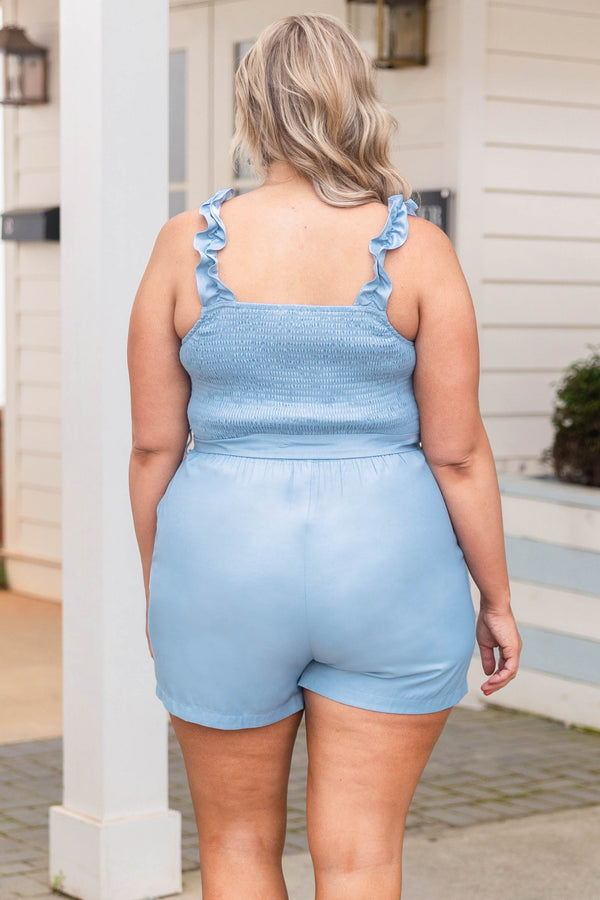 Chic Soul plus size clothing, solid blue sleeveless romper