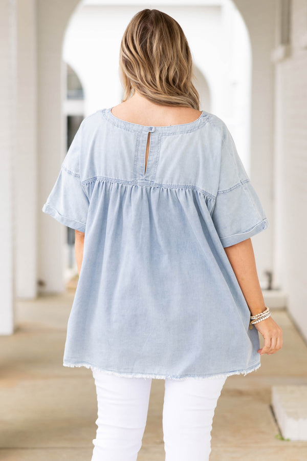 Chic Soul plus size clothing, soft denim babydoll style top with frayed hemline