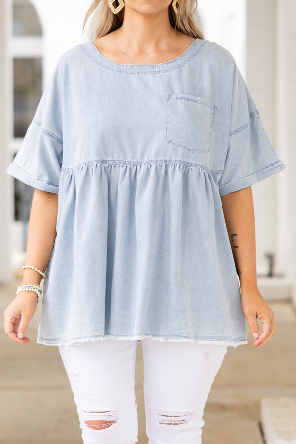 Chic Soul plus size clothing, soft denim babydoll style top with frayed hemline